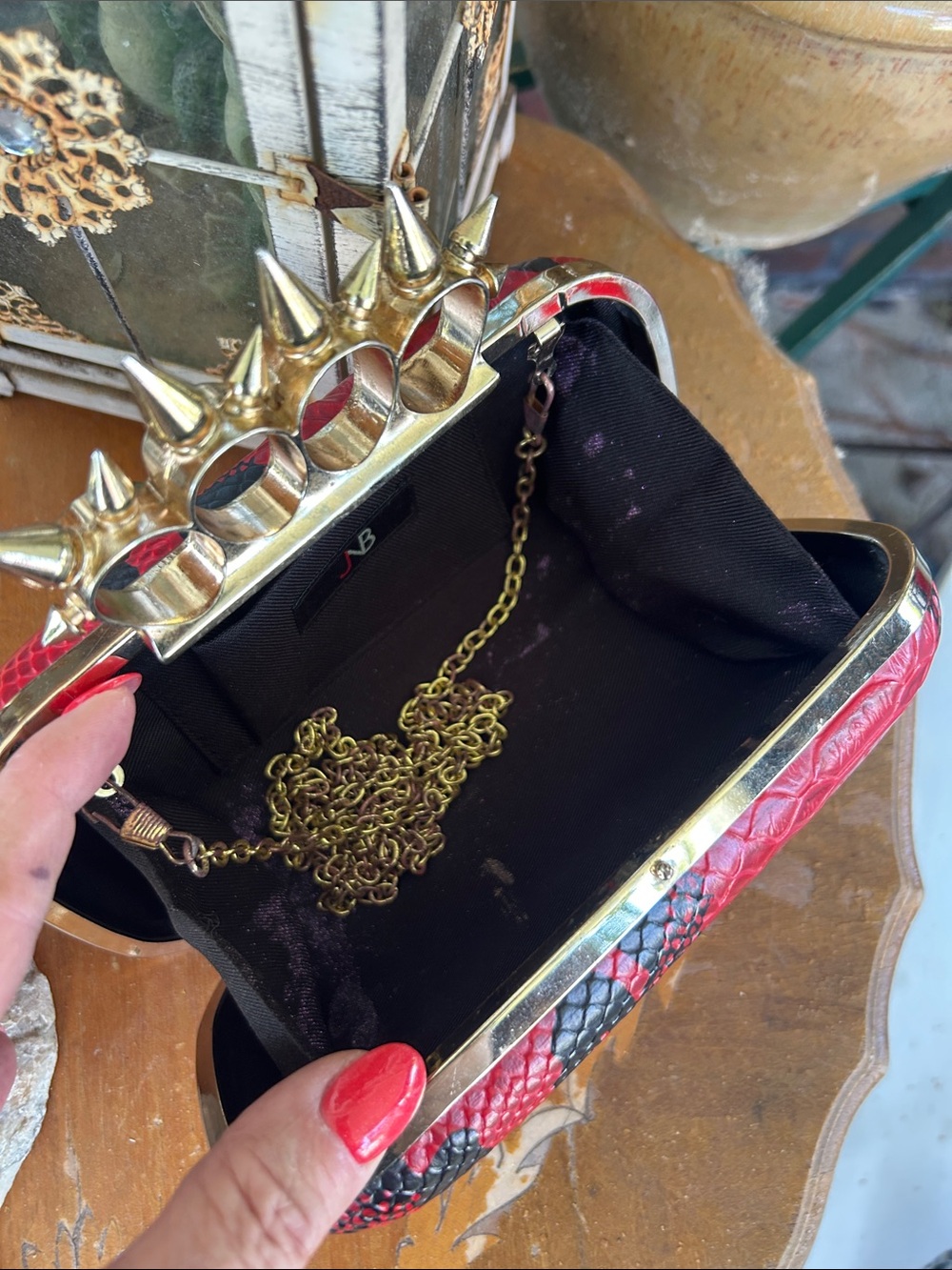 Vintage Red Snake-Embossed Spike Knuckle Clutch Crossbody. - Picture 8 of 12